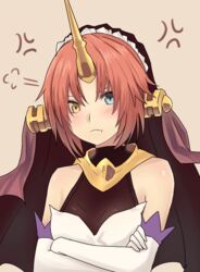  :t anger_vein angry bare_shoulders berserker_of_black blue_eyes blush breasts bridal_veil crossed_arms dress elbow_gloves fate/apocrypha fate_(series) female gloves headgear heterochromia horn looking_at_viewer red_hair short_hair small_breasts solo veil wedding_dress white_dress white_gloves yellow_eyes 