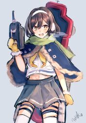  :d bad_id bad_twitter_id black_hair blouse blue_capelet capelet earmuffs female fur-trimmed_mittens fur_trim green_scarf grey_background grey_skirt hairband highres holding holding_turret kantai_collection looking_at_viewer machinery midriff mittens miyako_(rgrayt) navel open_mouth pleated_skirt remodel_(kantai_collection) rigging scarf school_uniform serafuku shirt short_hair signature simple_background skirt smile solo tanikaze_(kancolle) thighhighs turret v-shaped_eyebrows white_hairband white_shirt white_thighhighs yellow_mittens 