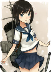  backpack bad_id bad_pixiv_id bag black_hair blue_eyes character_name female fubuki_(kancolle) heart kantai_collection long_hair midriff_peek navel neckerchief open_mouth ponytail school_uniform serafuku skirt smile solo torpedo umasanjin 