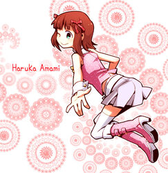  amami_haruka boots character_name commentary_request female idolmaster idolmaster_(classic) nightea one_eye_closed photoshop_(medium) pink_diamond_765_(idolmaster) pink_footwear short_hair skirt smile solo 