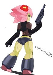  ario ass blue_eyes claws colored_skin commentary_request female floran flower from_behind green_skin gun hair_flower hair_ornament holding holding_gun holding_weapon kneepits looking_back monster_girl pink_hair plant_girl romaji_text short_hair solo standing starbound translated weapon 