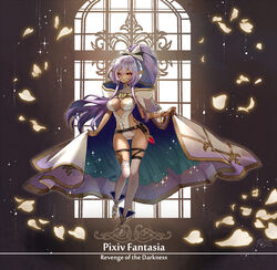  bow bracelet breasts cleavage cloak commentary_request dark_elf elf female full_body hair_between_eyes hairbow high_heels high_ponytail hood hooded_cloak indoors jewelry large_breasts leotard light_smile long_hair petals pink_eyes pixiv_fantasia pixiv_fantasia_revenge_of_the_darkness pointy_ears purple_hair ren-co sidelocks solo standing standing_on_one_leg thigh_strap thighhighs very_long_hair wand white_thighhighs 