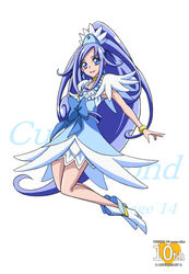  anniversary arudebido bare_legs blue_bow blue_eyes blue_hair blue_skirt bow bracelet brooch character_name choker commentary_request copyright_name crystal_earrings cure_diamond dokidoki!_precure earrings female full_body heart heart_brooch hishikawa_rikka jewelry long_hair magical_girl ponytail precure ribbon shoes skirt smile solo waist_bow white_background 