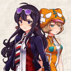  2girls ahoge bad_id bad_pixiv_id black_hair bob_cut braid brown_hair cabbie_hat earrings eshigami_no_kizuna eyewear_on_head green_eyes hat hyoutantsugi_(eshigami_no_kizuna) jewelry long_hair looking_at_another multiple_girls necktie notudandan purple_eyes rock_holmes_(eshigami_no_kizuna) shirt single_braid sleeveless sleeveless_shirt star_(symbol) star_earrings striped striped_necktie sunglasses upper_body 