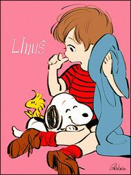  1boy bad_id bad_twitter_id beagle bird black_border blanket border canine character_name highres linus_van_pelt male_focus noaki peanuts_(comic) pink_background red_shirt shirt signature simple_background sitting snoopy striped_clothes striped_shirt thumb_sucking woodstock yokozuwari 