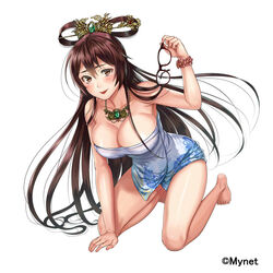  bare_shoulders blush breasts brown-framed_eyewear brown_eyes brown_hair cleavage commentary_request female full_body glasses hair_between_eyes hair_ornament hair_rings hair_stick holding holding_removed_eyewear jewelry kneeling large_breasts long_hair looking_at_viewer naked_towel necklace official_art sakichi sangoku_infinity smile solo tongue tongue_out towel unworn_eyewear very_long_hair wrist_cuffs 