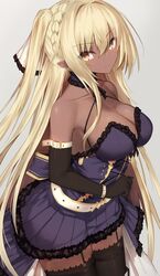  arm_strap bare_shoulders belt black_gloves black_thighhighs blonde_hair blush breasts choker cleavage closed_mouth collarbone commentary_request dark-skinned_female dark_skin dress elbow_gloves female garter_straps gloves gradient_background hair_ribbon highres large_breasts long_hair looking_at_viewer o-ring pointy_ears purple_dress ribbon sennen_sensou_aigis sidelocks simple_background smile solo thighhighs tsurime very_long_hair yellow_eyes yki zilva_(sennen_sensou_aigis) 