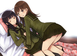  2girls bad_id bad_pixiv_id black_hair braid brown_eyes brown_hair drooling grey_eyes half-closed_eyes kantai_collection kitakami_(kancolle) long_hair multiple_girls neckerchief one_eye_closed ooi_(kancolle) open_mouth school_uniform serafuku single_braid skirt sleepy smile umasanjin 