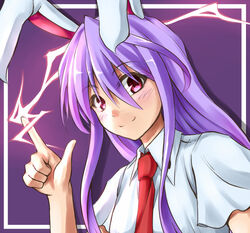  animal_ears bad_id bad_pixiv_id blush female lightning long_hair musouzuki necktie pointing purple_hair rabbit_ears red_eyes red_necktie reisen_udongein_inaba solo touhou 