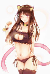  3; alti_meizi animal_ears arm_behind_back bell black_panties black_thighhighs blush breasts brown_hair cat_cutout cat_ear_panties cat_ears cat_lingerie cat_tail cleavage cleavage_cutout clenched_hand closed_mouth clothing_cutout collar collarbone commentary contrapposto fake_animal_ears female highres iki_hiyori large_breasts long_hair meme_attire neck_bell noragami one_eye_closed panties paw_pose pink_eyes side-tie_panties solo standing symbol-only_commentary tail thighhighs underwear wavy_mouth 