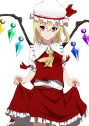  absurdres aono_meri ascot asymmetrical_hair asymmetrical_wings blonde_hair commentary_request crystal fang_out female flandre_scarlet frills hair_between_eyes hat hat_ribbon highres looking_at_viewer mob_cap oerba_yun_fang puffy_sleeves red_eyes ribbon shirt short_hair short_sleeves side_ponytail simple_background skirt skirt_hold skirt_set smile solo touhou vest white_background wings 