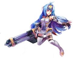  abysswolf android bare_shoulders blue_hair breasts commentary elbow_gloves expressionless female forehead_protector gatling_gun gloves highleg highres kos-mos leotard long_hair minigun red_eyes solo standing swimsuit thighhighs very_long_hair xenosaga xenosaga_episode_i 