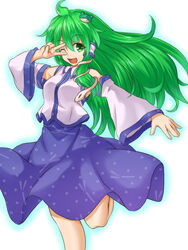  bad_id bad_pixiv_id bare_shoulders detached_sleeves female frog_hair_ornament green_eyes green_hair hair_ornament hair_tubes kochiya_sanae long_hair musouzuki one_eye_closed open_mouth skirt snake solo touhou v_over_eye 