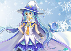  bad_id bad_pixiv_id blue_eyes blue_hair cape female fingerless_gloves gloves hair_ribbon hand_on_own_hip hat hatsune_miku highres left-handed long_hair looking_at_viewer open_mouth photoshop_(medium) reki_(lichk) ribbon skirt snowflakes solo suki!_yuki!_maji_magic_(vocaloid) twintails very_long_hair vocaloid wand witch_hat yuki_miku yuki_miku_(2014) 