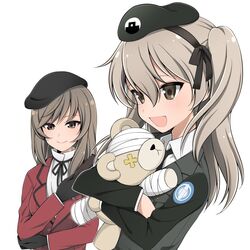  2girls :d bandages beret black_gloves black_hat black_jacket black_neckwear black_ribbon boko_(girls_und_panzer) closed_mouth commentary dress_shirt emblem folding_fan girls_und_panzer gloves hair_ribbon hand_fan hat high_collar holding holding_stuffed_toy jacket japanese_tankery_league_(emblem) light_brown_hair lips long_hair long_sleeves military military_hat military_uniform mother_and_daughter multiple_girls neck_ribbon necktie open_mouth red_jacket ribbon ruruepa selection_university_(emblem) selection_university_military_uniform shimada_arisu shimada_chiyo shirt simple_background smile stuffed_animal stuffed_toy teddy_bear uniform white_background white_shirt wing_collar 