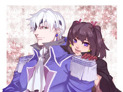  1boy ascot black_hair cape dragon&#039;s_dogma dragon&#039;s_dogma_(series) earrings epaulettes eyepatch female gloves green_eyes inuhiko_(istdog) jewelry lips pawn_(dragon&#039;s_dogma) popped_collar purple_eyes short_twintails smile twintails white_hair 