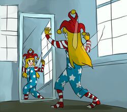  american_flag blonde_hair clown clownpiece fairy_wings female ganemi gloves hat jester_cap makeup mcdonald&#039;s meme mirror overalls parody pose ran_ran_ru ronald_mcdonald ronald_mcdonald_(cosplay) smile solo star_print striped touhou window wings 