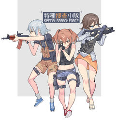  3girls absurdres aiming aiming_at_viewer aks-74u assault_rifle bare_arms bare_shoulders black_gloves black_shirt black_soldier black_tank_top blue_eyes blue_footwear blue_hair blue_shorts brown_eyes brown_hair brown_shorts closed_mouth commentary_request gloves gun hair_between_eyes highres holding holding_gun holding_weapon kalashnikov_rifle load_bearing_vest looking_at_viewer multiple_girls orange_skirt original photoshop_(medium) pp-19-01_vityaz profile red_footwear rifle sandals shirt shoes short_shorts short_sleeves shorts skirt sneakers socks standing submachine_gun tank_top translation_request v-shaped_eyebrows weapon white_footwear white_legwear white_shirt 