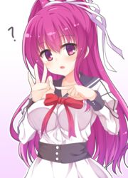  ? absurdres blush bow bra bra_visible_through_clothes breasts collarbone commentary dracu-riot! female gradient_background hair_between_eyes hair_ribbon head_tilt high_ponytail highres inamura_rio large_breasts long_hair long_sleeves looking_at_viewer parted_lips penetration_gesture ponytail purple_background purple_hair red_bow red_eyes ribbon segaxtu shirt skirt solo underwear very_long_hair white_background white_ribbon white_shirt white_skirt 