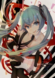  aqua_eyes aqua_hair bare_shoulders black_gloves black_necktie black_thighhighs breasts character_name cleavage collarbone copyright_name dated elbow_gloves electric_guitar female gloves guitar hatsune_miku instrument leaning_forward left-handed long_hair looking_at_viewer medium_breasts musical_note necktie ocarino smile solo thighhighs twintails vocaloid white_background 