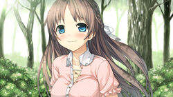  blue_eyes blush braid brown_hair collarbone cura female game_cg highres long_hair looking_at_viewer monobeno nature parted_bangs sawai_natsuha short_sleeves smile tree 