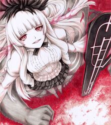  abyssal_ship bad_id bad_pixiv_id blunt_bangs breasts colored_skin commentary_request dress female flower hair_ornament iroha_(nullpo) kantai_collection large_breasts long_hair long_sleeves looking_up lycoris_princess open_mouth red_eyes smile solo white_dress white_hair white_skin 