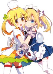  2girls :d absurdres amaryllis_gumi apron bad_id bad_pixiv_id bare_shoulders blonde_hair blue_eyes blue_skirt blush blush_stickers brown_eyes chef_hat collared_shirt commentary cookpad cookpad-tan crossover fingerless_gloves frilled_apron frills gloves green_ribbons grey_gloves grey_shirt grin hair_between_eyes hair_ornament hat highres holding kotohara_hinari ladle long_hair multiple_girls one_eye_closed open_mouth pleated_skirt puffy_short_sleeves puffy_sleeves ribbed_gloves ribbed_shirt ribbon shirt short_sleeves simple_background skirt smile spatula tama_(tama-s) thighhighs twintails virtual_youtuber waist_apron white_apron white_background white_hat white_legwear white_shirt x_hair_ornament 