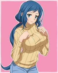  aqua_eyes blue_hair breasts commentary_request female gundam gundam_build_fighters hammerman_benkei iori_rinko large_breasts lips long_hair looking_at_viewer mature_female pink_background ribbed_sweater smile solo sweater turtleneck 