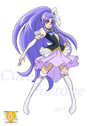  anniversary arm_warmers arudebido boots brooch character_name commentary_request copyright_name cure_fortune earrings female frills full_body happinesscharge_precure! heart heart_brooch hikawa_iona jewelry long_hair magical_girl precure purple_eyes purple_hair purple_skirt skirt smile solo standing thigh_boots thighhighs white_arm_warmers white_background white_thighhighs wide_ponytail zettai_ryouiki 