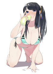  all_fours arm_support bad_id bad_pixiv_id bare_arms bare_legs barefoot beijuu bikini black_hair blue_eyes blush breasts cleavage drinking female foreshortening full_body green_bikini hair_ornament highres krt_girls large_breasts long_hair looking_at_viewer one_side_up photoshop_(medium) side-tie_bikini_bottom simple_background solo swimsuit thighs wet white_background xiao_qiong 