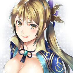  :q blush breasts brown_eyes brown_hair cleavage collarbone commentary_request female hair_ornament large_breasts licking_lips long_hair looking_at_viewer low_ponytail sakichi shin_sangoku_musou solo tongue tongue_out upper_body v-shaped_eyebrows wang_yuanji 