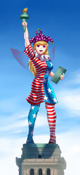  anchor arm_up asymmetrical_clothes blonde_hair clownpiece commentary_request fairy_wings female hadant hat highres jester_cap long_hair pantyhose photoshop_(medium) purple_eyes solo statue_of_liberty touhou wings 