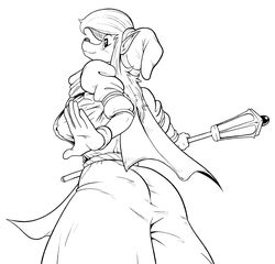  absurd_res anthro clothed clothing dawmino digital_drawing_(artwork) digital_media_(artwork) female gloves handwear hat headgear headwear hi_res khris_(shining) looking_at_viewer low-angle_view monochrome sega shining_(sega) shining_force simple_background smile solo staff white_background 