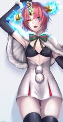  absurdres armpits bad_id bad_twitter_id bikini bikini_top_only black_bikini black_gloves black_thighhighs blue_eyes bow breasts capelet commentary_request cosplay dress elbow_gloves fate/apocrypha fate/grand_order fate_(series) female frankenstein&#039;s_monster_(fate) fur-trimmed_capelet fur-trimmed_gloves fur_trim gloves green_bow headgear heterochromia highres horns jeanne_d&#039;arc_alter_santa_lily_(fate) jeanne_d&#039;arc_alter_santa_lily_(fate)_(cosplay) looking_at_viewer mechanical_horns open_mouth parted_bangs pink_hair short_hair single_horn small_breasts standing striped striped_bow swimsuit thighhighs white_capelet white_dress yellow_eyes yukihama 