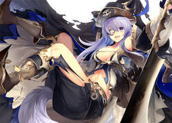  :d boots breasts commentary_request eyepatch female hat large_breasts long_hair navel nekonabe_ao oerba_yun_fang open_mouth original pirate pirate_hat purple_eyes purple_hair skull_and_crossbones smile solo tail 