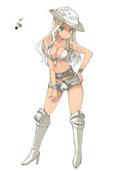  bare_shoulders belt blonde_hair blush boots breasts closed_mouth color_guide commentary_request contrapposto cowboy_hat crop_top female full_body green_eyes grey_footwear hat high_heel_boots high_heels knee_boots large_breasts long_hair looking_at_viewer monster_hunter_(series) navel ohta_yuichi personification simple_background smile solo standing ukanlos white_background white_hat wristband 