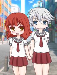  2girls anne_happy blue_eyes commentary_request ekoda_ren grey_hair hagyuu_hibiki holding_hands multiple_girls necktie open_mouth red_hair school_uniform short_hair southsunflower tennomifune_academy_school_uniform yuri 