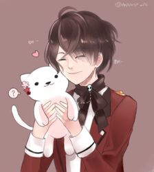  1boy ? animal animalization black_hair brown_background closed_eyes diabolik_lovers feline female jacket kino_(diabolik_lovers) komori_yui male_focus manmosu ribbon scarf simple_background smile twitter_username uniform upper_body 