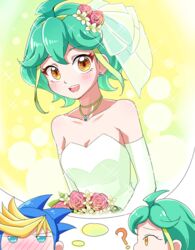  1boy :d ? ahoge alternate_costume bad_id bad_pixiv_id bare_shoulders blonde_hair blue_hair blush bouquet breasts bridal_veil cleavage collarbone commentary_request dress dyed_bangs earrings elbow_gloves female flower gloves green_dress green_hair hair_flower hair_ornament imagining jewelry joman looking_at_viewer multicolored_hair necklace nose_blush open_mouth orange_eyes rin_(yu-gi-oh!) short_hair small_breasts smile spiked_hair two-tone_hair veil wedding_dress white_gloves yu-gi-oh! yu-gi-oh!_arc-v yuugo_(yu-gi-oh!) 