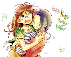  2girls ;d akizuki_ritsuko alternate_hairstyle closed_eyes commentary_request dated glasses hair_down happy_birthday hug idolmaster idolmaster_(classic) idolmaster_2 long_hair miura_azusa multiple_girls nightea one_eye_closed open_mouth photoshop_(medium) shirt short_hair simple_background smile striped_clothes striped_shirt white_background 