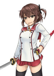  :d bad_id bad_pixiv_id black_ribbon black_thighhighs brown_eyes brown_hair buttons collar commentary_request cowboy_shot double-breasted etou_kanami female hair_between_eyes hair_ribbon katana looking_at_viewer minoseki_gakuin_uniform one_side_up open_mouth photoshop_(medium) red_collar red_skirt remy_(s_remy) ribbon scabbard school_uniform sheath short_hair side_slit sidelocks simple_background skirt smile smirk smug solo sword thighhighs thighs toji_no_miko weapon white_background yellow_ribbon zettai_ryouiki 