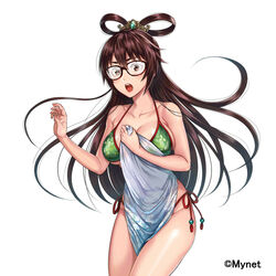  :o bikini blush breasts brown-framed_eyewear brown_eyes brown_hair cleavage collarbone commentary_request cowboy_shot female glasses green_bikini hair_ornament hair_rings halterneck large_breasts long_hair looking_at_viewer official_art open_mouth sakichi sangoku_infinity side-tie_bikini_bottom solo swimsuit towel v-shaped_eyebrows very_long_hair 