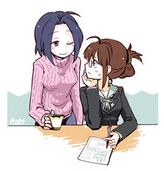  2girls akizuki_ritsuko brown_hair commentary_request folded_ponytail glasses idolmaster idolmaster_(classic) idolmaster_2 looking_back miura_azusa multiple_girls nightea one_eye_closed photoshop_(medium) short_hair smile yuri 