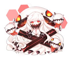  absurdres abyssal_ship breasts chibi cleavage colored_skin commentary_request covered_mouth dress enemy_aircraft_(kancolle) female fm highres horns kantai_collection long_hair medium_breasts midway_princess pale_skin solo very_long_hair white_dress white_hair white_skin 