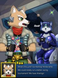  2018 accessory anthro belt blue_body blue_fur blue_hair bodysuit brown_body brown_fur canid canine canon_couple clothing dialogue dipstick_tail duo english_text female fox fox_mccloud fur furgonomics gloves green_eyes hair hair_accessory handwear hi_res jacket krystal_(star_fox) male mammal mario mario_bros mario_kart markings miltonholmes multicolored_tail nintendo nintendo_switch planet scarf short_hair signature sitting skinsuit space star_fox switch_logo tail tail_accessory tail_markings tailband text tight_clothing topwear white_body white_fur 