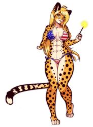  2017 4_toes 5_fingers abs alpha_channel amber_eyes anthro athletic athletic_anthro athletic_female barefoot bikini blonde_hair breasts cheetah cleavage clothed clothing curvy_figure digitigrade eyebrows eyelashes feet felid feline female fingers fireworks fur hair hi_res holding_object hourglass_figure long_hair looking_at_viewer mammal mihari orange_body orange_fur scorpdk simple_background skimpy solo spots swimwear toes transparent_background united_states_of_america 