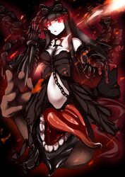  abyssal_ship bare_shoulders black_bow black_hair bow breasts chains choker claws commentary_request female gauntlets glowing glowing_eyes gothic_lolita hairbow kantai_collection large_breasts lolita_fashion long_hair navel red_eyes seaplane_tender_princess solo spikes tongue yottan 