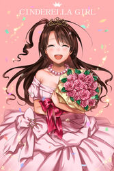  :d ^_^ bare_shoulders blush bouquet breasts brown_hair cleavage closed_eyes commentary_request cowboy_shot dress female flower happy_tears idolmaster idolmaster_cinderella_girls jewelry long_hair medium_breasts necklace one_side_up open_mouth pearl_necklace pink_dress sakichi shimamura_uzuki smile solo sparkle tears tiara 