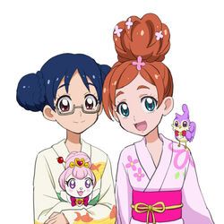  2girls alternate_hairstyle aroma_(go!_princess_precure) blue_eyes blue_hair braid brown_eyes brown_hair commentary_request double_bun eyelashes glasses go!_princess_precure hair_bun hair_up happy haruno_haruka japanese_clothes kimono looking_at_viewer multiple_girls nanase_yui open_mouth precure puff_(go!_princess_precure) shuuho_(journey) simple_background single_hair_bun smile white_background yukata 