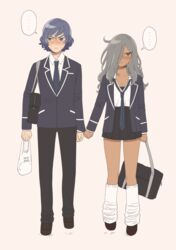  1boy ahoge asymmetrical_bangs bag black_pants black_skirt blue_eyes blue_hair blush closed_mouth coat commentary_request dark_skin female full_body genderswap_(mtf) grey_hair haizaki_ryouhei inazuma_eleven_(series) inazuma_eleven_ares_no_tenbin long_hair loose_socks mizukamiya_seiryuu multicolored_eyes necktie one_eye_covered open_clothes open_coat pants rule_63 school_bag shirt shoes short_hair simple_background skirt socks urako_(hey_gori) white_background white_shirt 